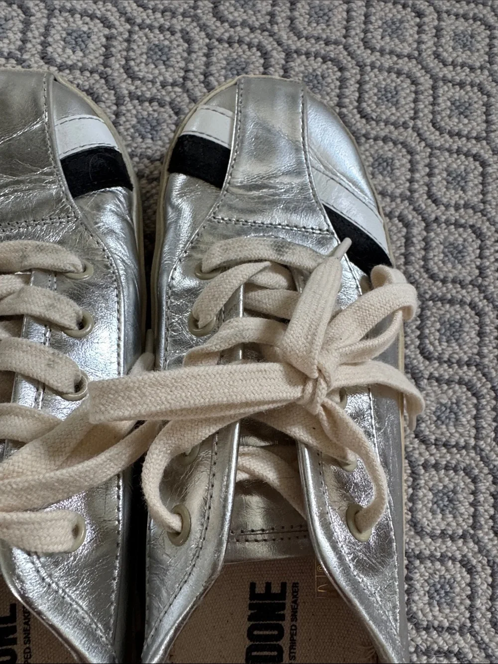 Re/Done Silver Sneakers with Black & White Stripe Detail
